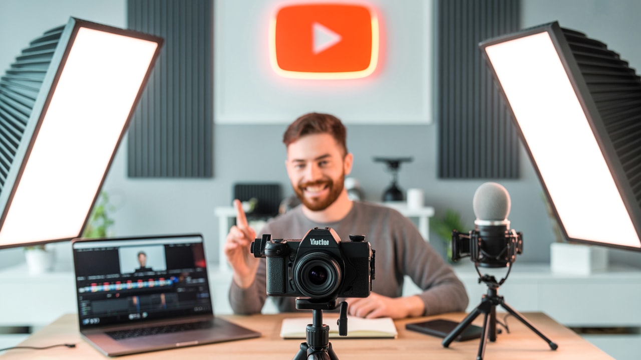Studio kreator YouTube dengan kamera dan perangkat produksi